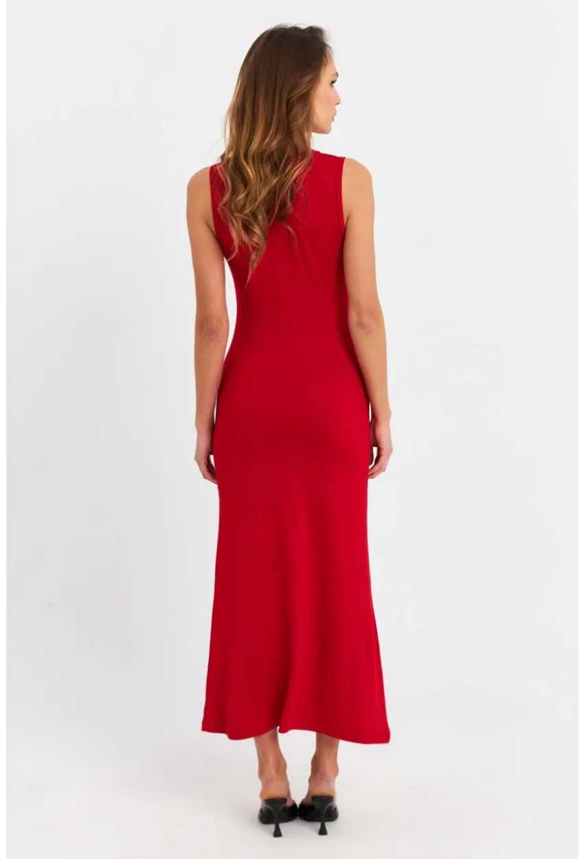Kadın Kırmızı Halka Detaylı Pencereli Midi Elbise EY3078