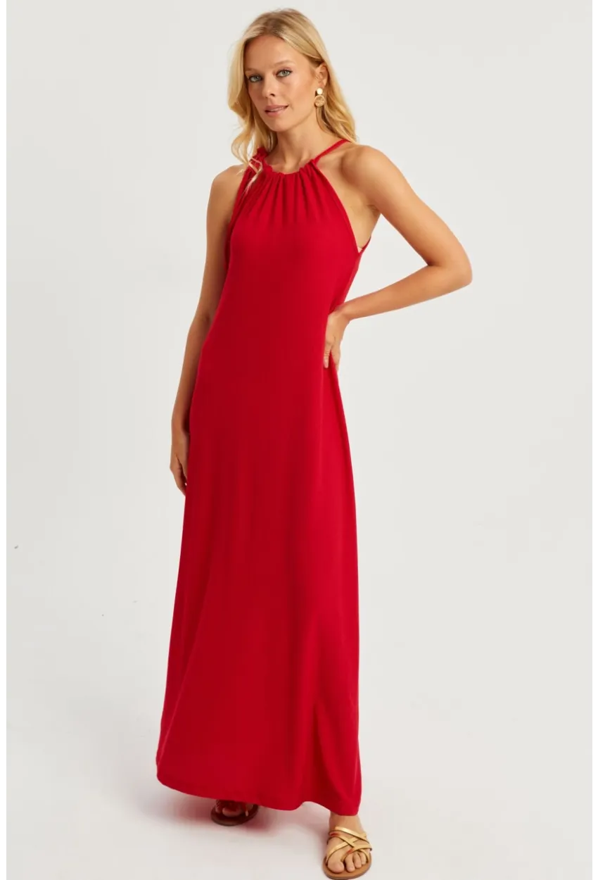 Kadın Kırmızı Halter Yaka Bürümcük Midi Elbise EY2788