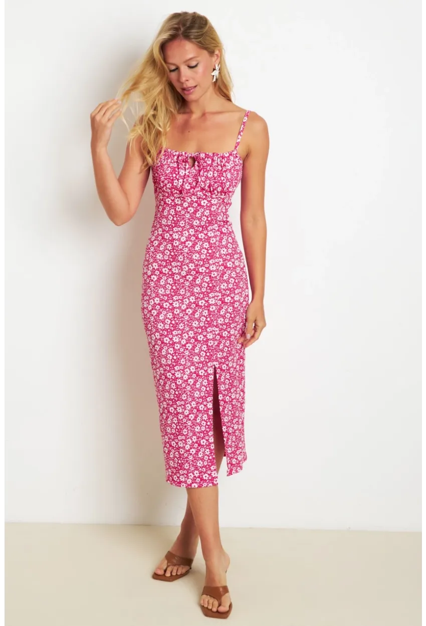 Kadın Kırmızı İnce Askılı Midi Elbise MON125