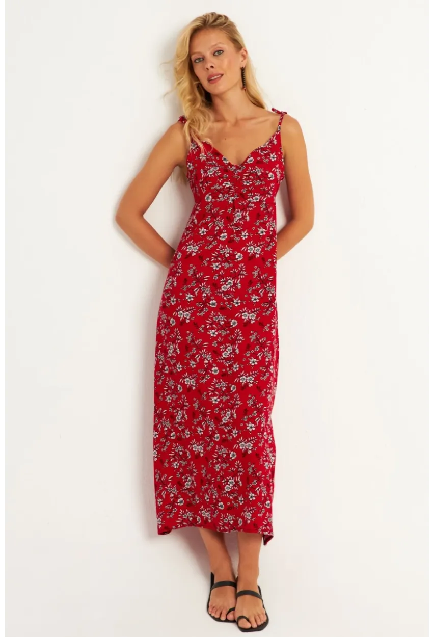 Kadın Kırmızı İp Askılı Çiçekli Midi Elbise GÇ172