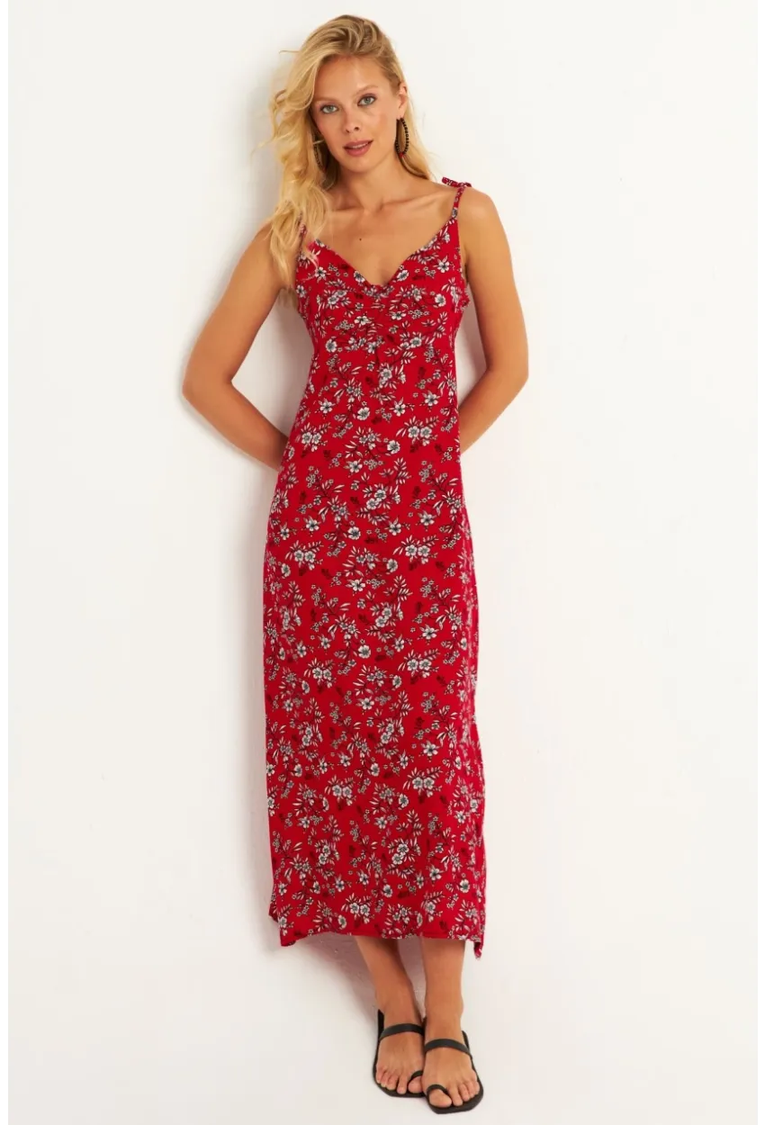 Kadın Kırmızı İp Askılı Çiçekli Midi Elbise GÇ172