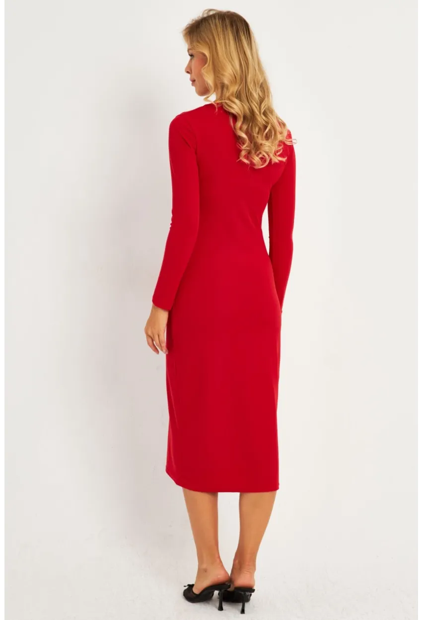 Kadın Kırmızı Kare Yaka Midi Elbise CG382