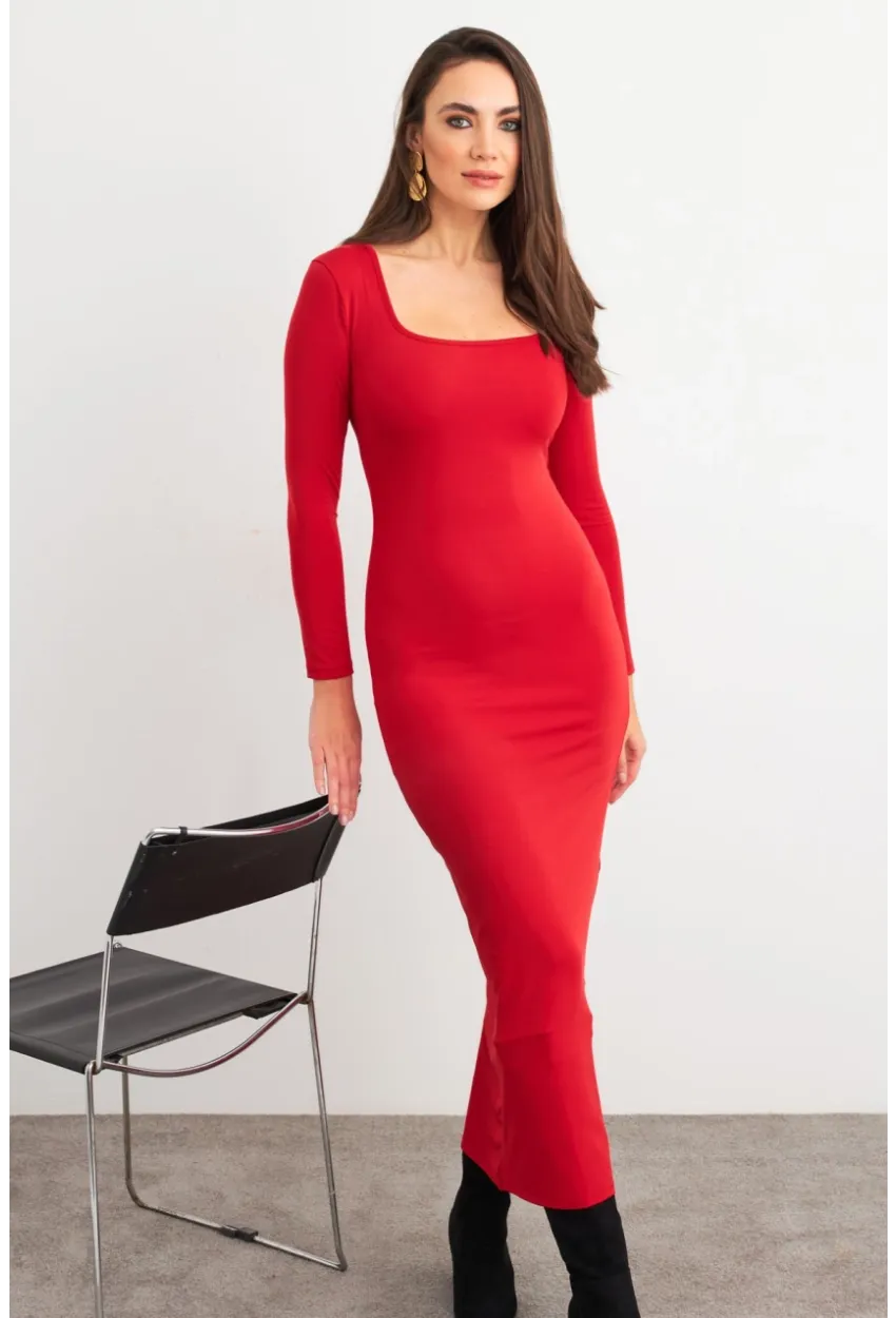 Kadın Kırmızı Kare Yaka Midi Elbise XC8102