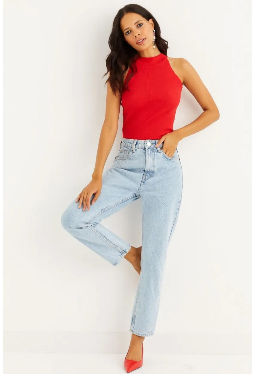 Kadın Kırmızı Kaşkorse Kolsuz Bluz Yİ1566