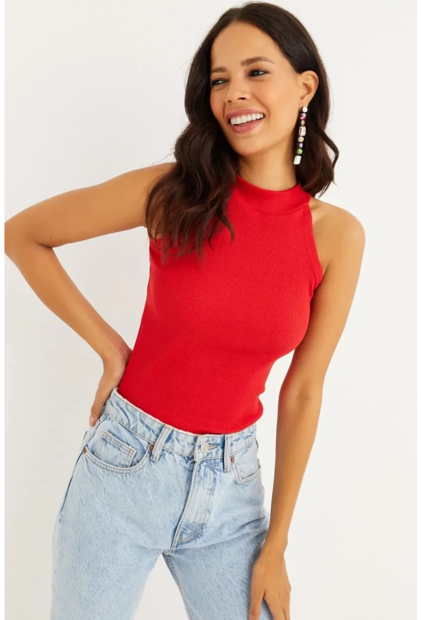 Kadın Kırmızı Kaşkorse Kolsuz Bluz Yİ1566