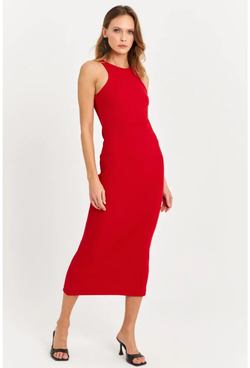 Kadın Kırmızı Kolsuz Kaşkorse Midi Elbise EY3049