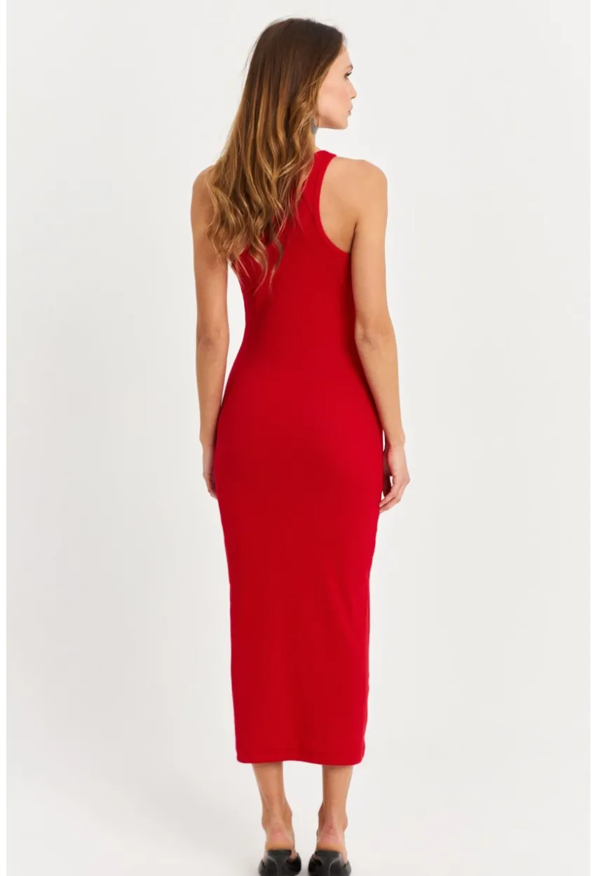 Kadın Kırmızı Kolsuz Kaşkorse Midi Elbise EY3049