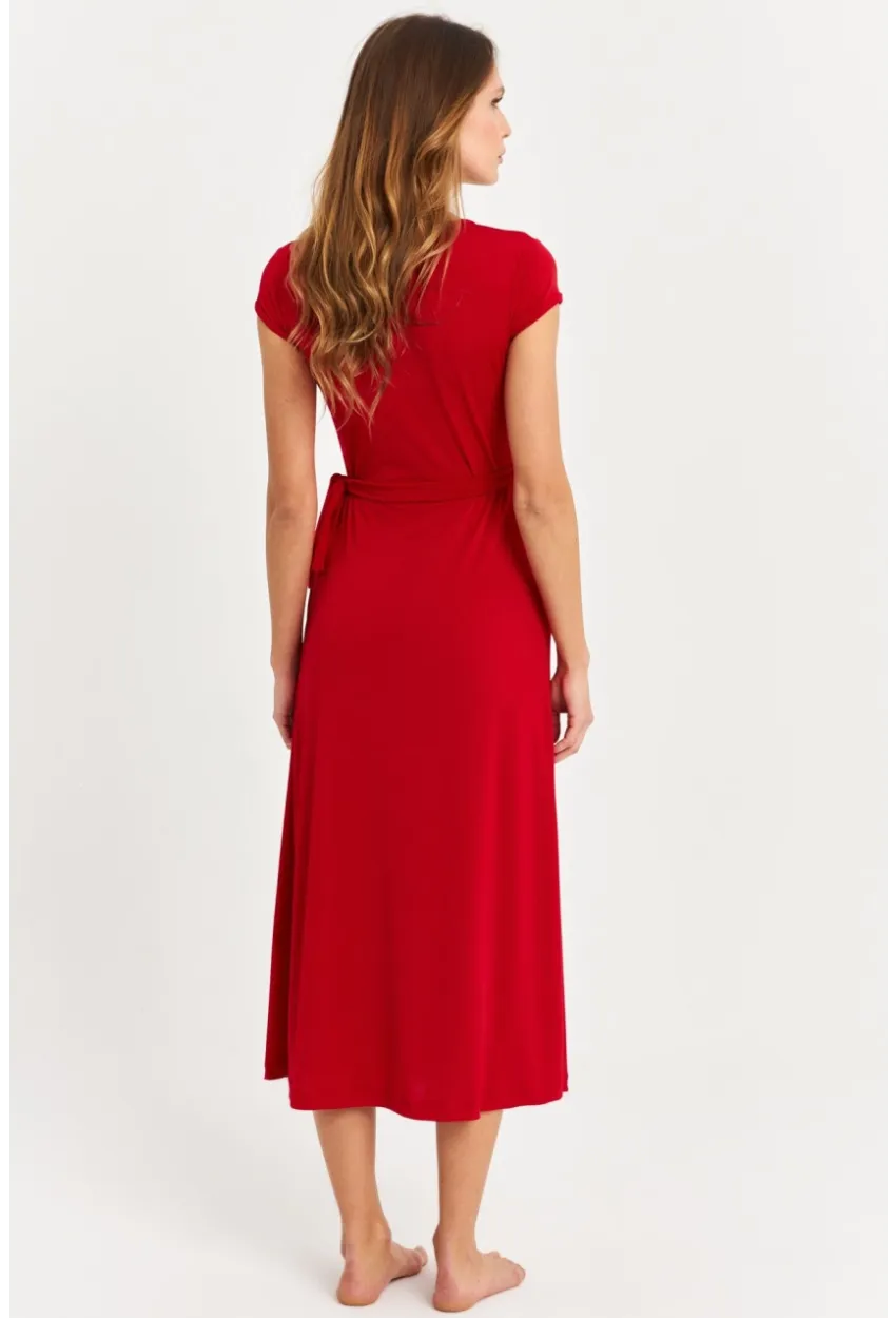 Kadın Kırmızı Kruvaze Midi Elbise EY2785