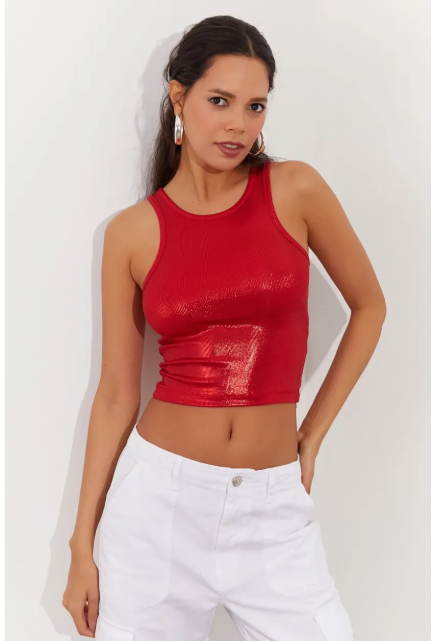 Kadın Kırmızı Metalik Crop Bluz LPP1218