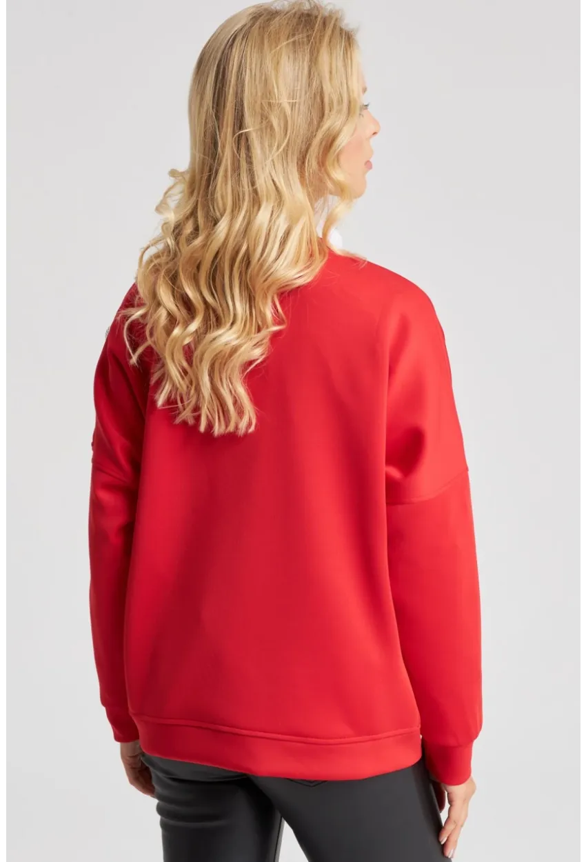 Kadın Kırmızı Omuz Taşlı Dalgıç Sweatshirt ST824