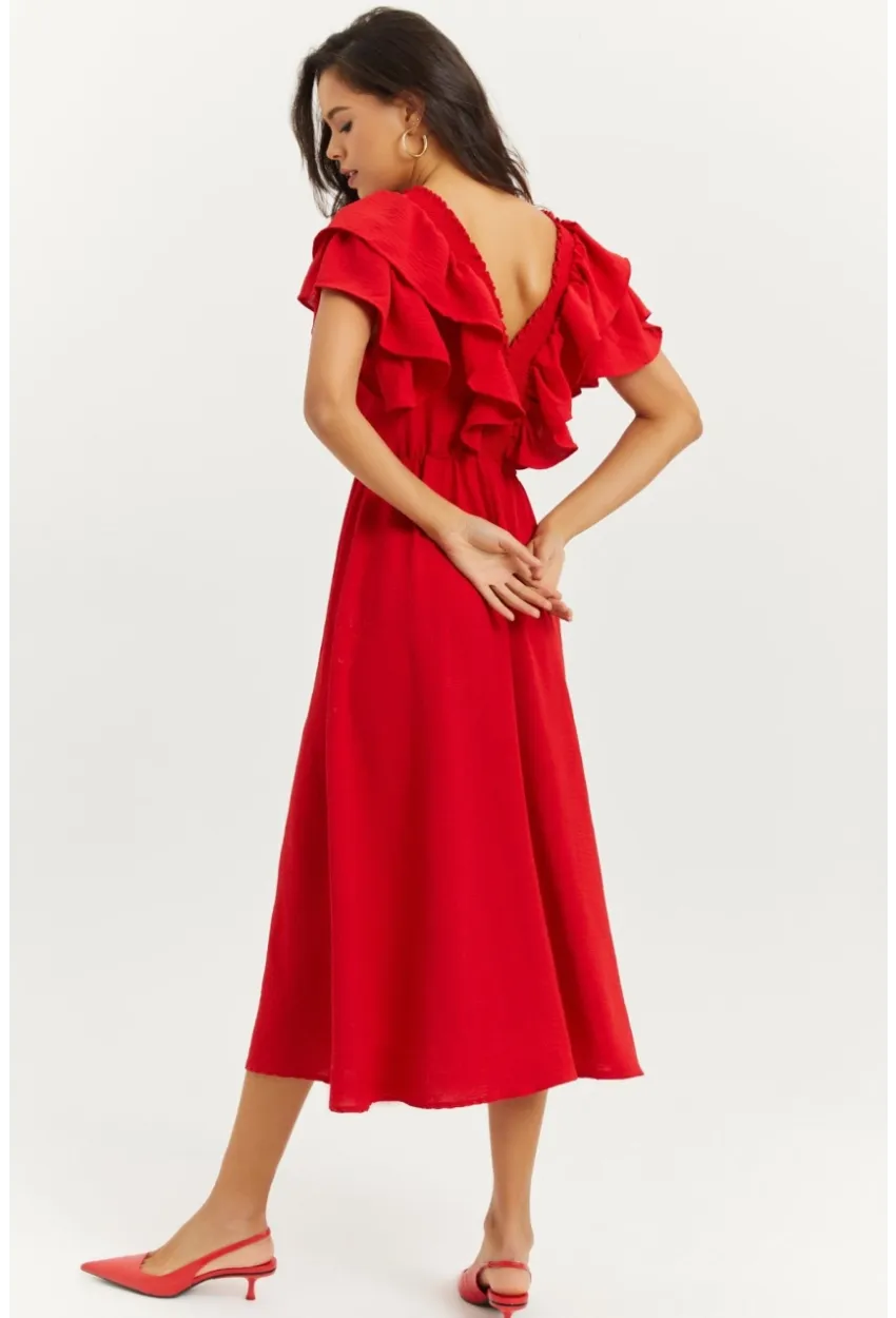 Kadın Kırmızı Ön Arka V Volanlı Elbise KS113