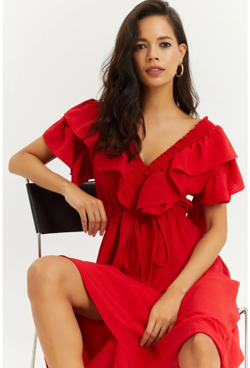 Kadın Kırmızı Ön Arka V Volanlı Elbise KS113