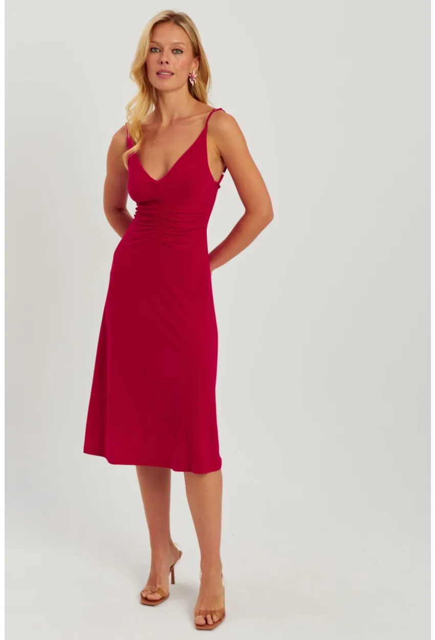 Kadın Kırmızı Önü Büzgülü Midi Elbise HO046