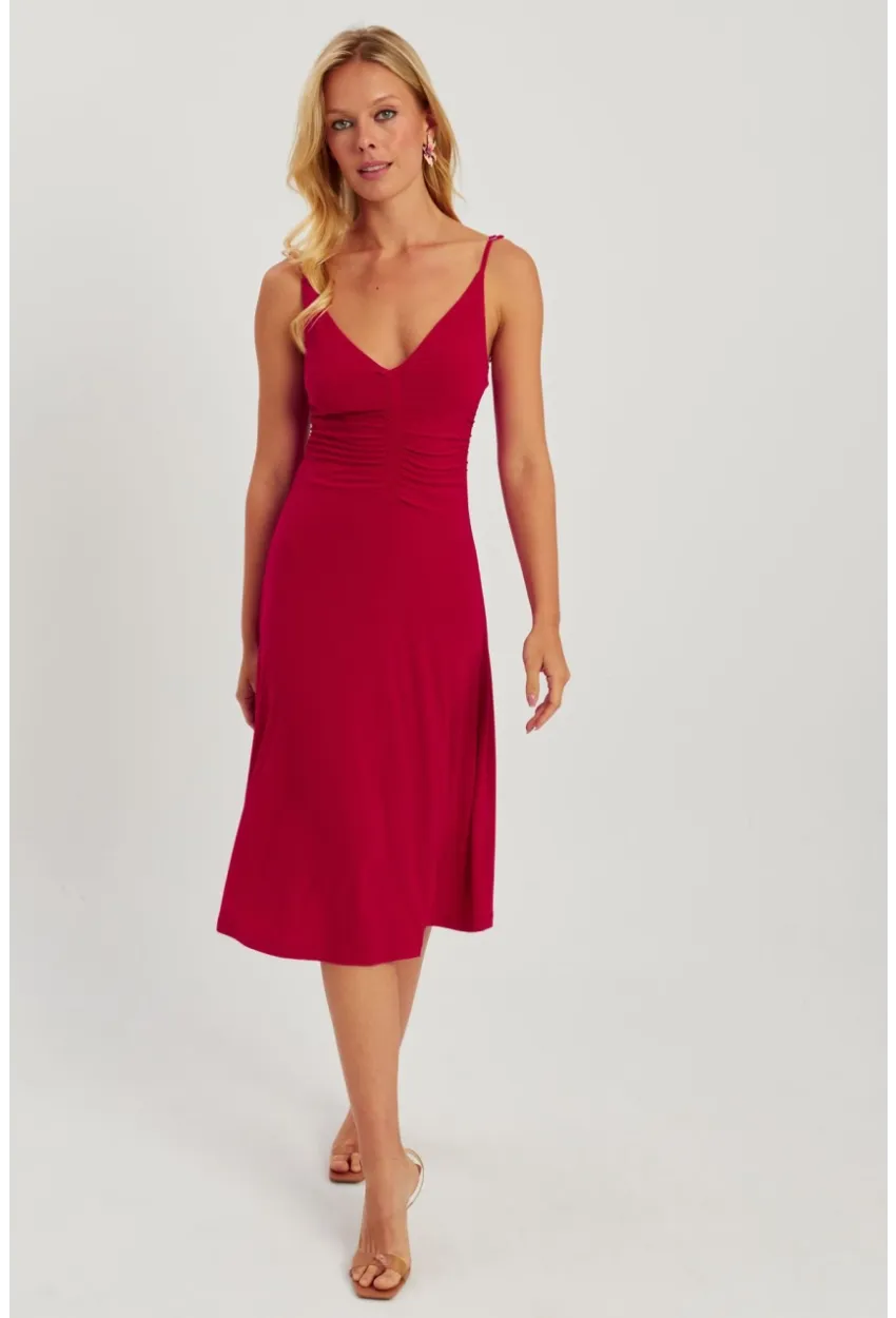 Kadın Kırmızı Önü Büzgülü Midi Elbise HO046