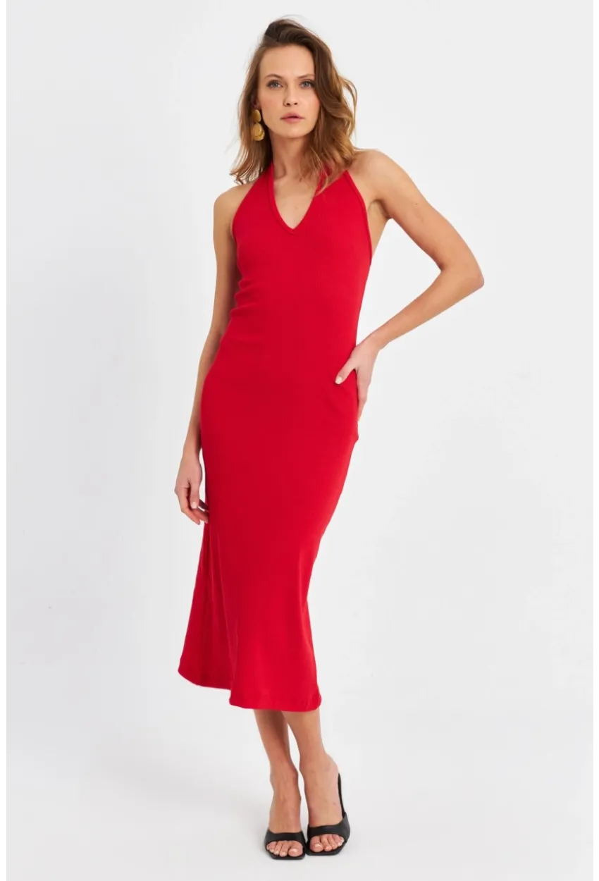 Kadın Kırmızı Pencereli Kaşkorse Midi Elbise EY3063