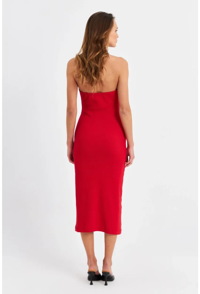 Kadın Kırmızı Pencereli Kaşkorse Midi Elbise EY3063