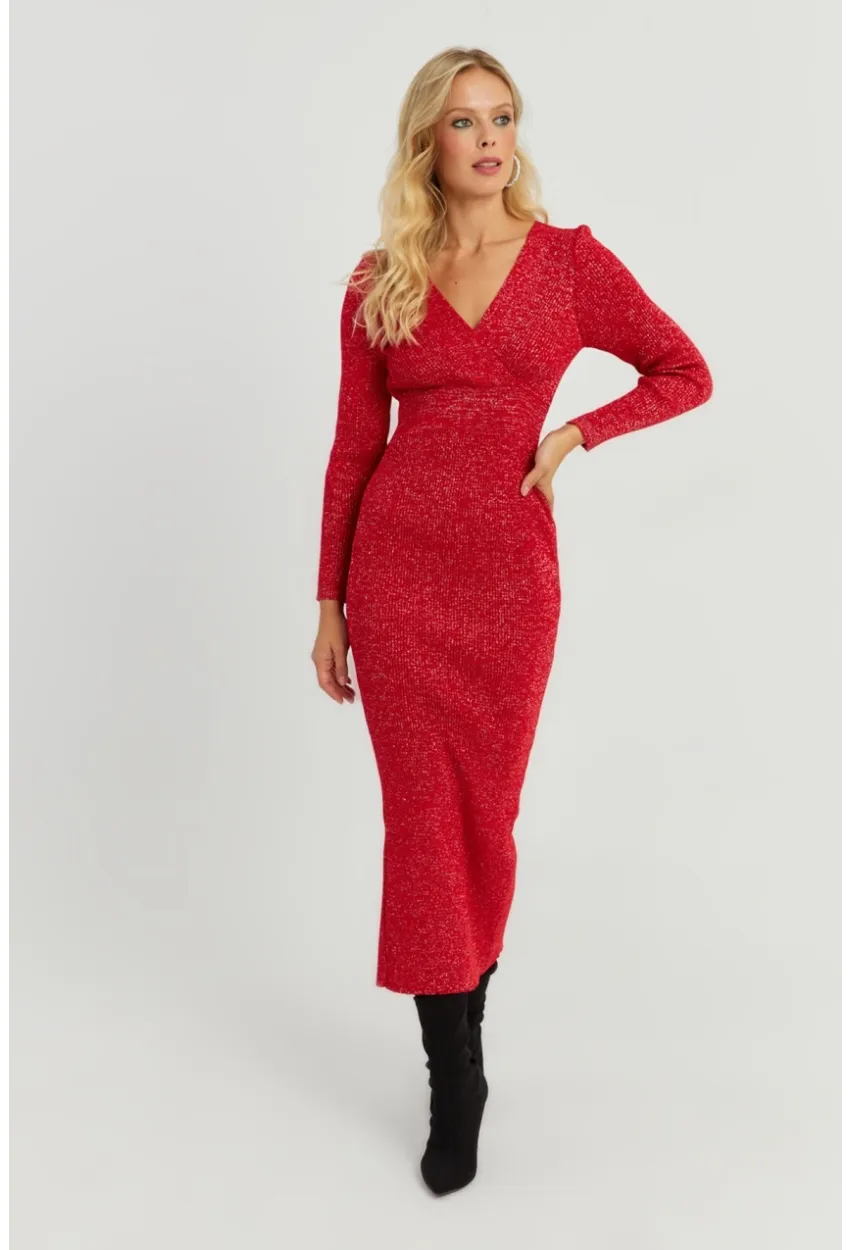 Kadın Kırmızı Simli Kruvaze Triko Maxi Elbise KED3578