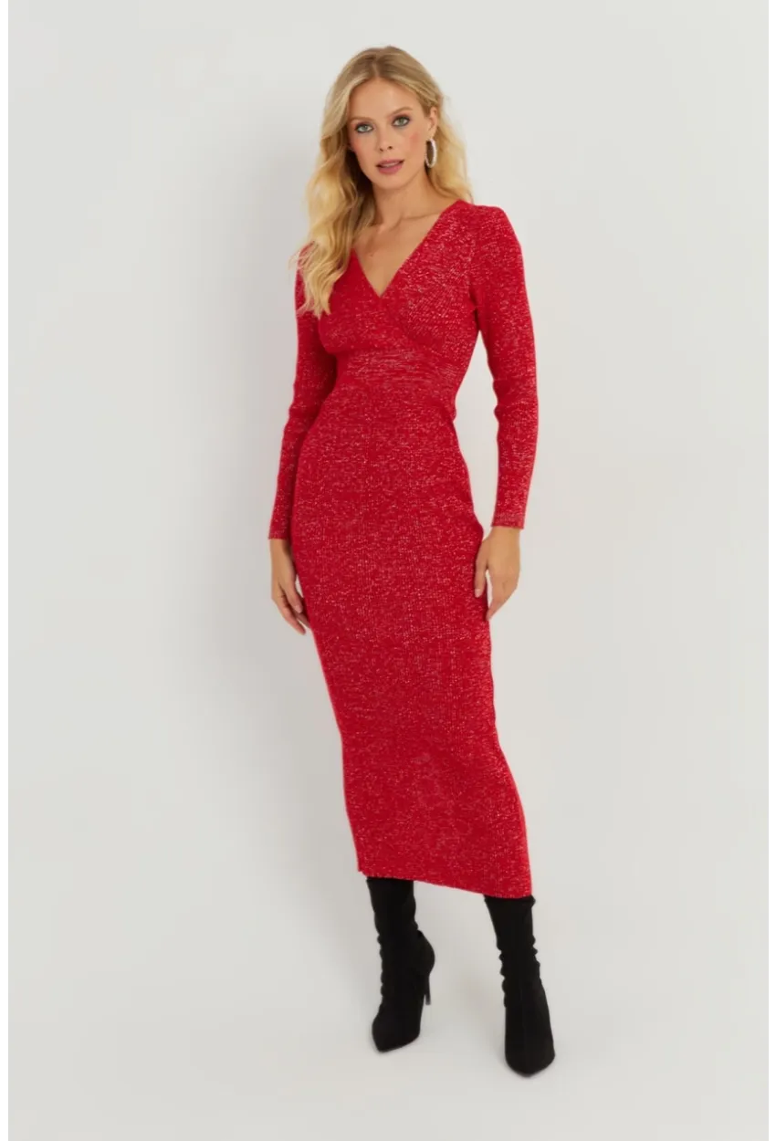 Kadın Kırmızı Simli Kruvaze Triko Maxi Elbise KED3578