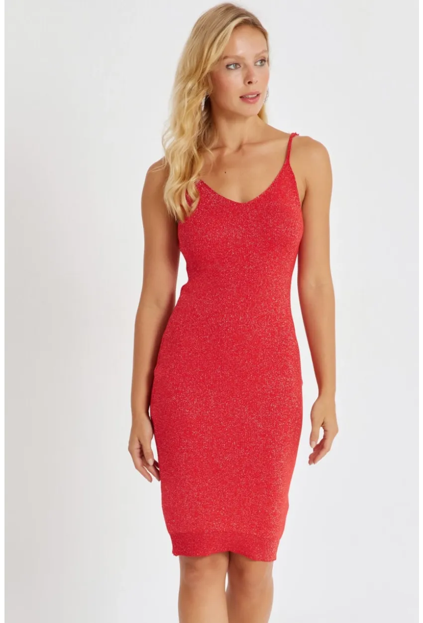 Kadın Kırmızı Simli Midi Elbise YZ525