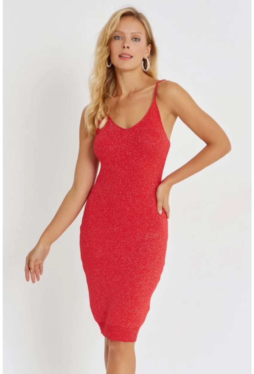 Kadın Kırmızı Simli Midi Elbise YZ525