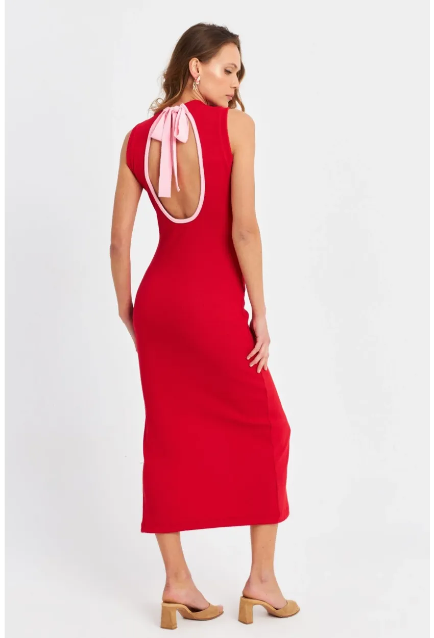 Kadın Kırmızı Sırtı Açık Kaşkorse Midi Elbise EY3064