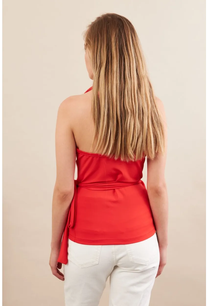 Kadın Kırmızı Sırtı Açık Kruvaze Bluz Ey3095