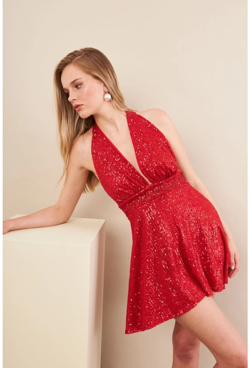 Kadın Kırmızı Sırtı Açık Payetli Astarlı Mini Elbise DCF046