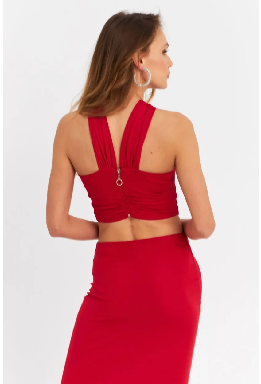 Kadın Kırmızı Sırtı Açık Pencereli Maxi Elbise DCF232