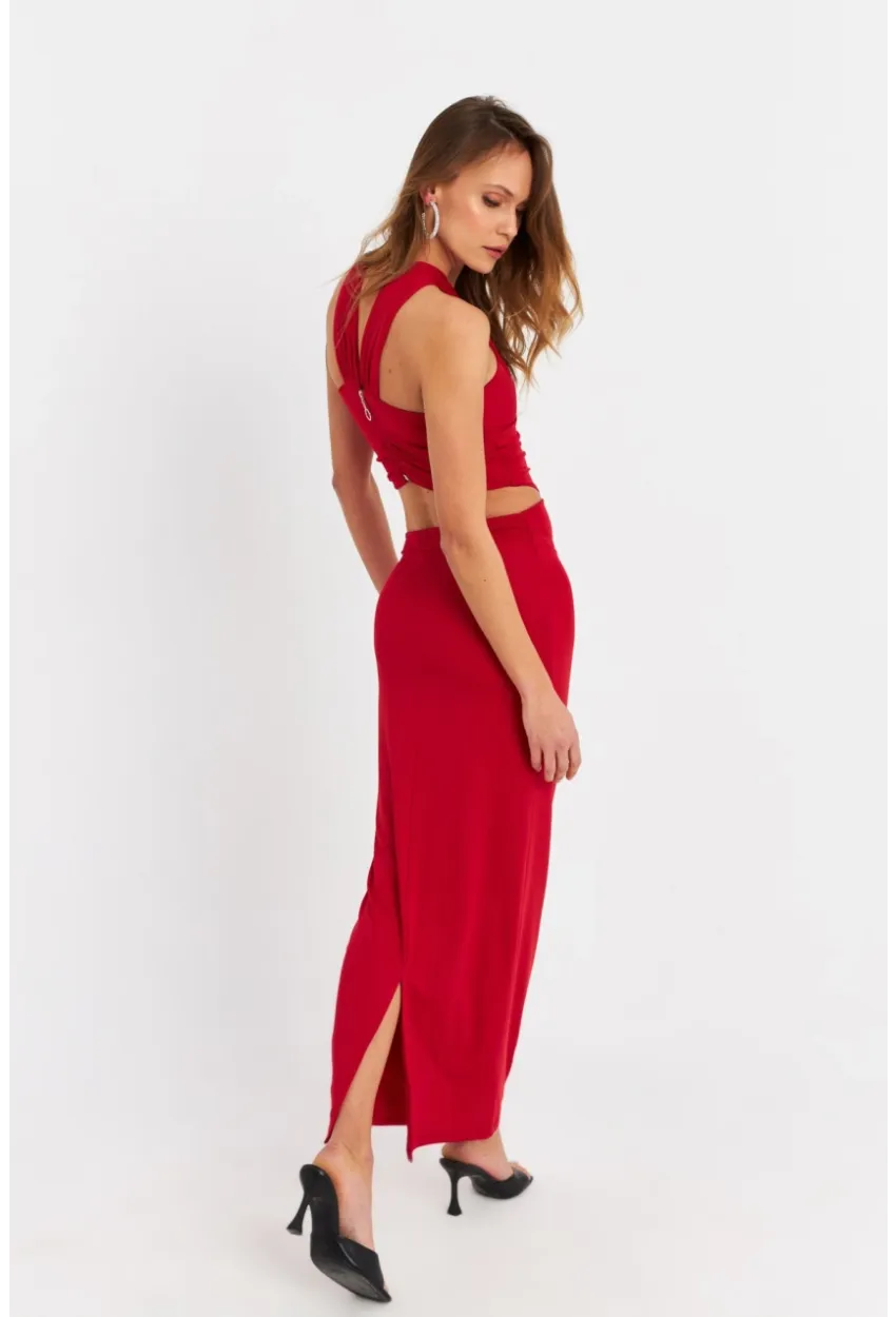 Kadın Kırmızı Sırtı Açık Pencereli Maxi Elbise DCF232