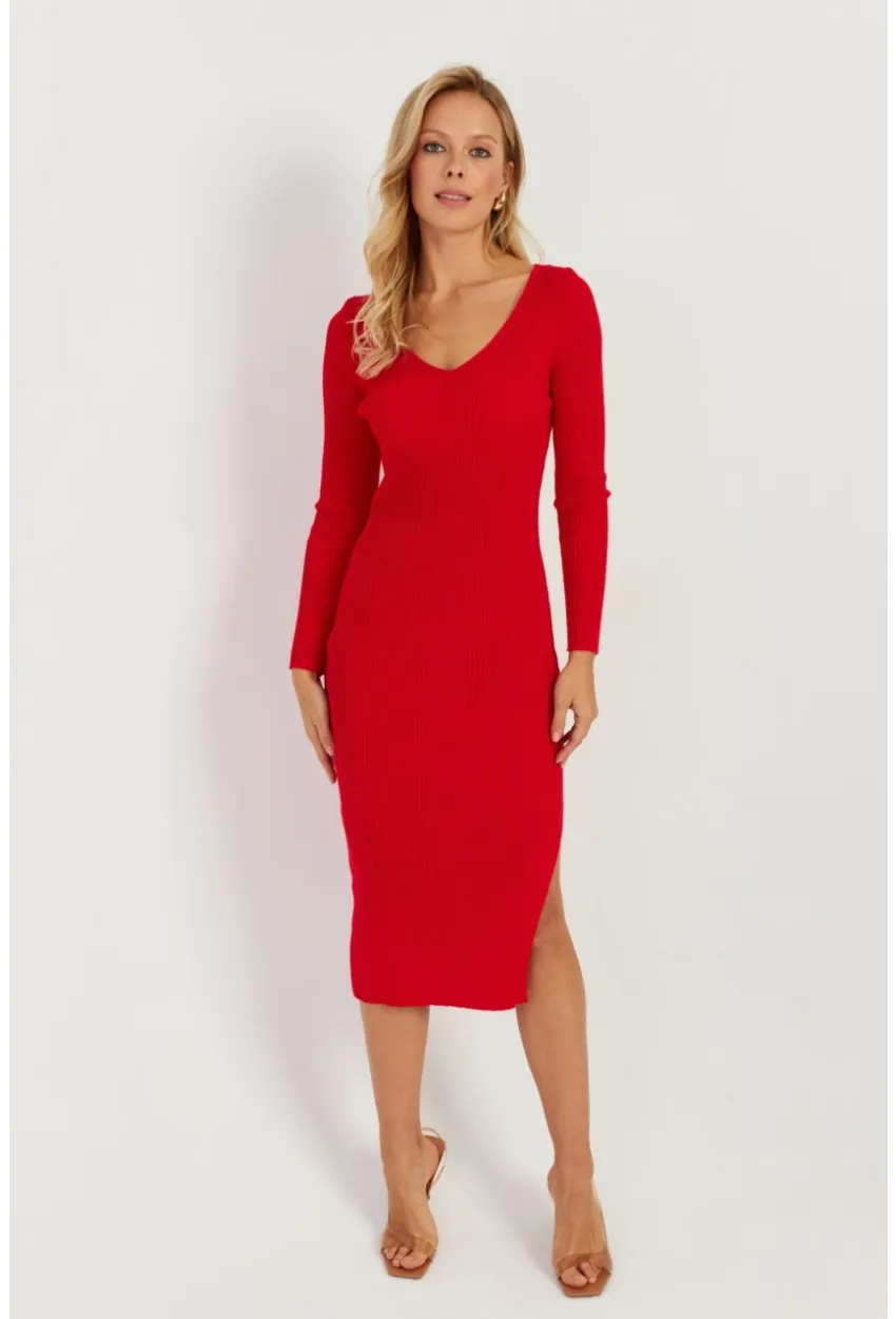Kadın Kırmızı Sırtı Çapraz Triko Midi Elbise YZ407