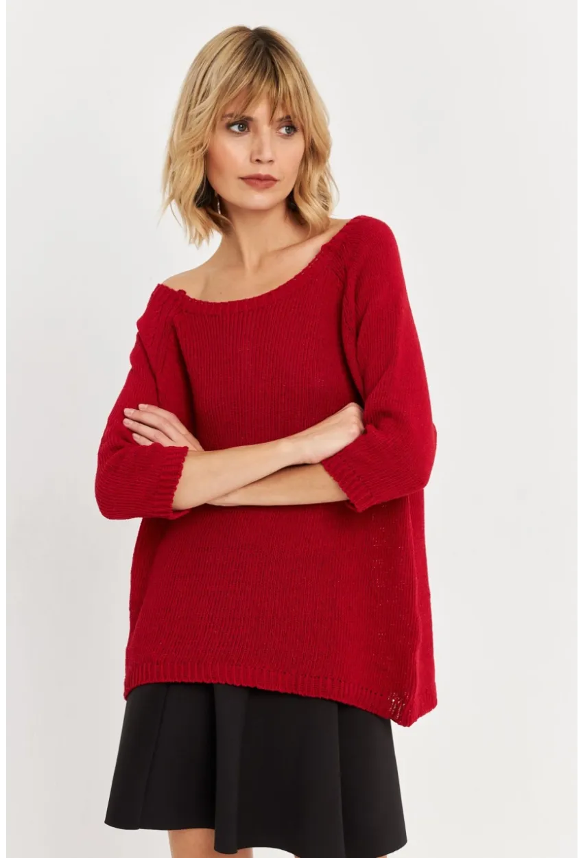 Kadın Kırmızı Sırtı Damla Triko Bluz YV267