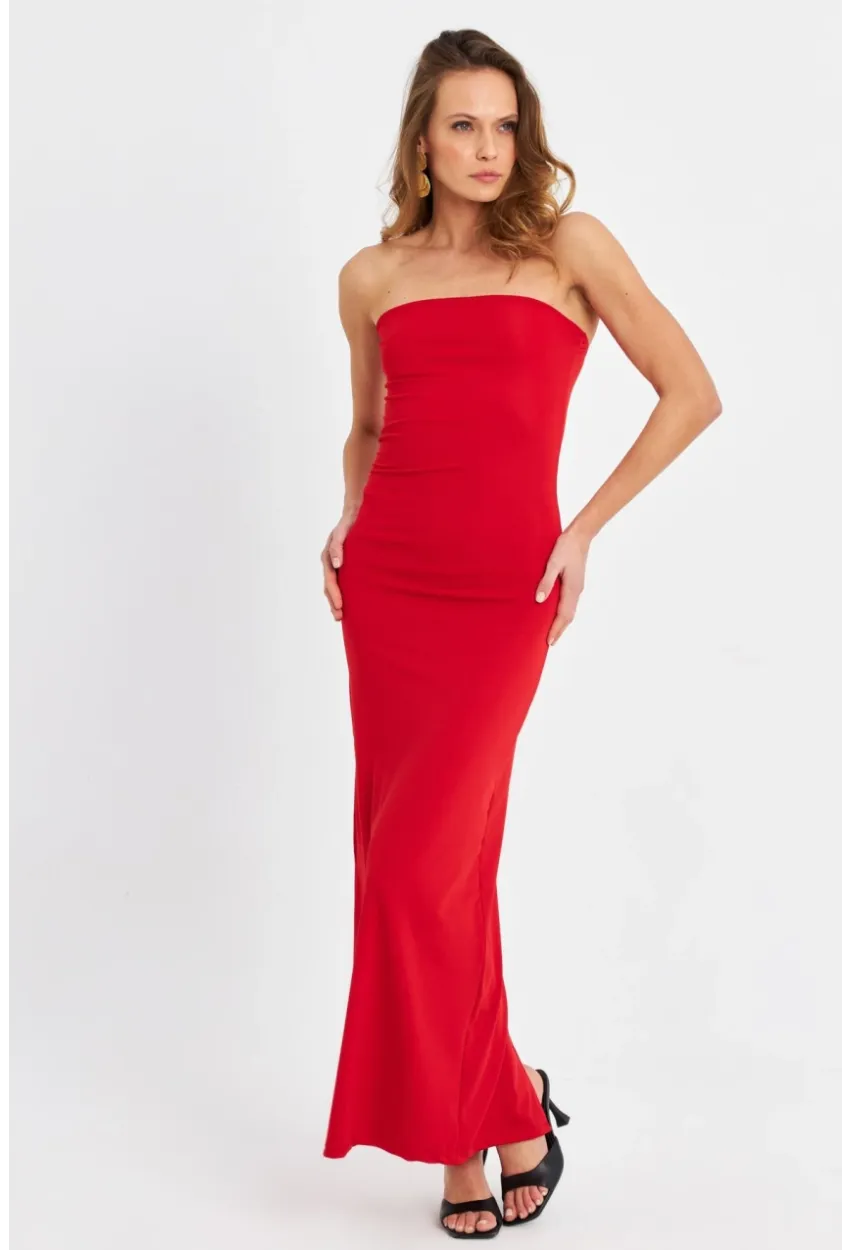 Kadın Kırmızı Straplez Yırtmaçlı Midi Elbise XC005
