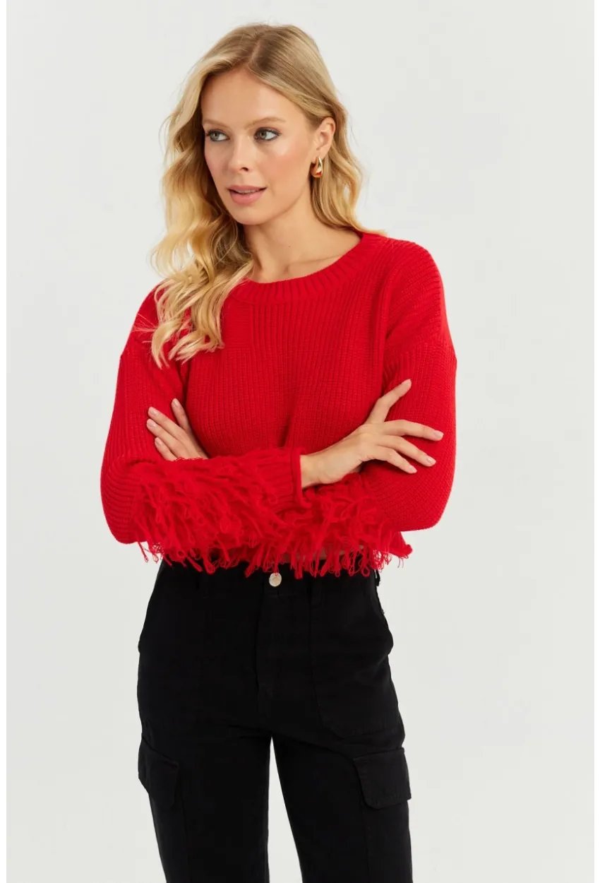 Kadın Kırmızı Triko Kısa Kazak YZ526