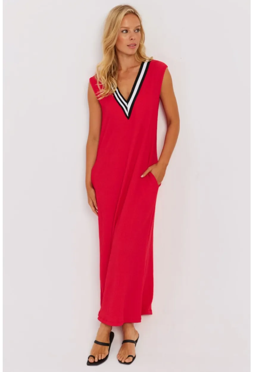 Kadın Kırmızı V Yaka Bloklu Maxi Elbise EY2779