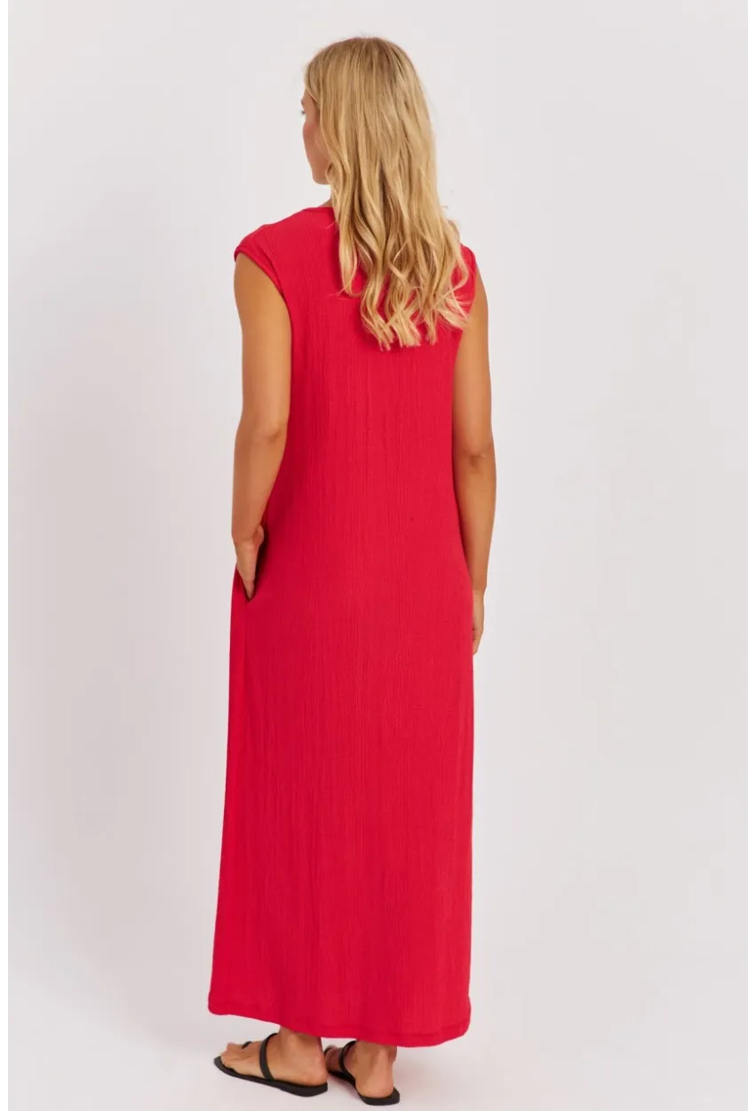 Kadın Kırmızı V Yaka Bloklu Maxi Elbise EY2779