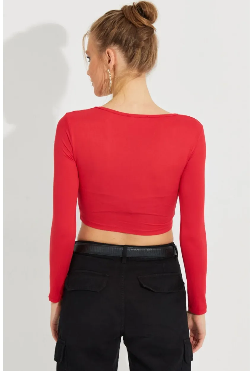 Kadın Kırmızı V Yaka Crop Bluz LPP1241