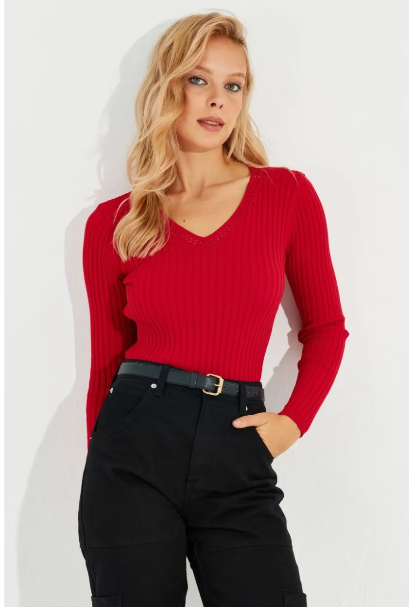 Kadın Kırmızı V Yaka Fitilli Triko Bluz SMT216