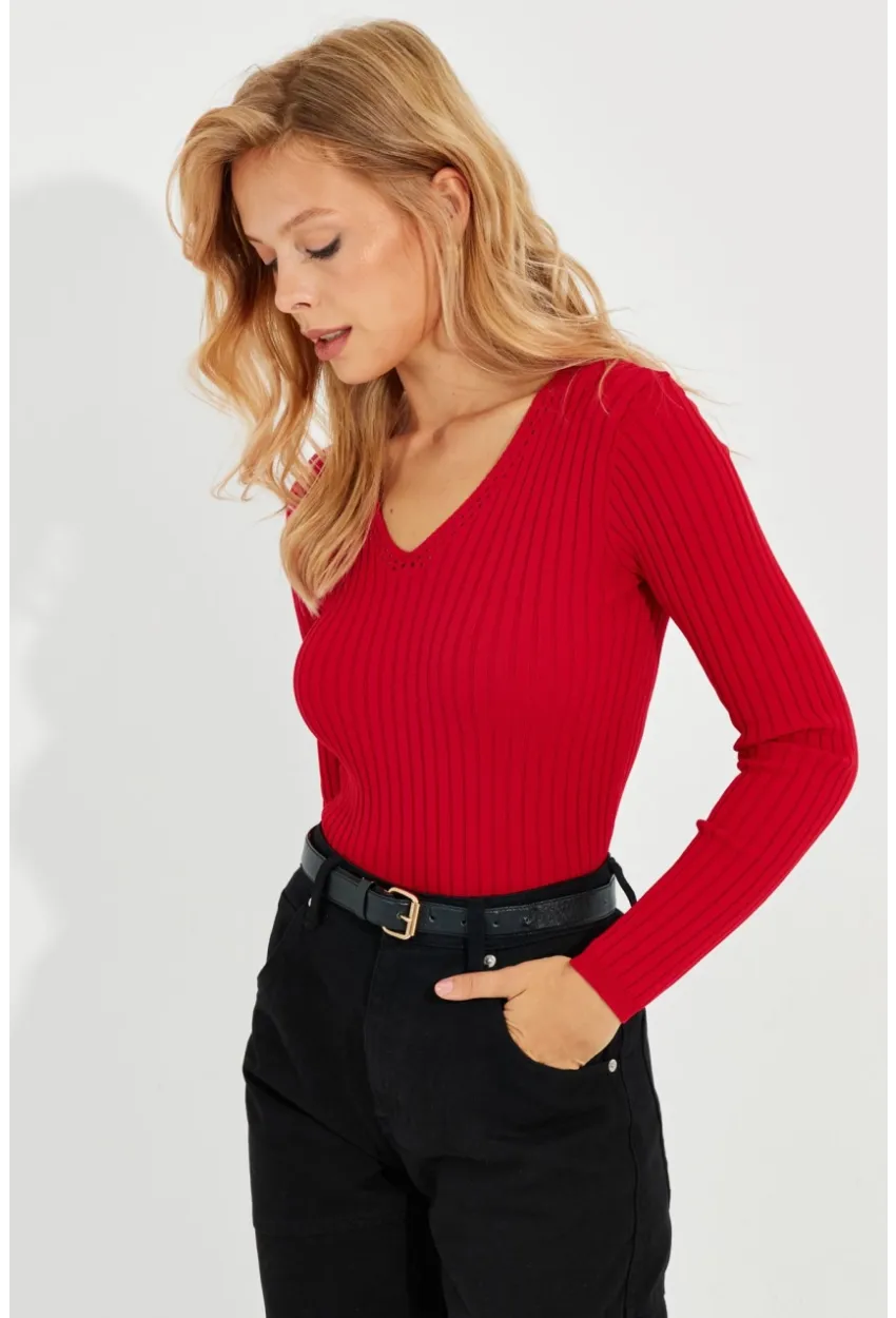 Kadın Kırmızı V Yaka Fitilli Triko Bluz SMT216