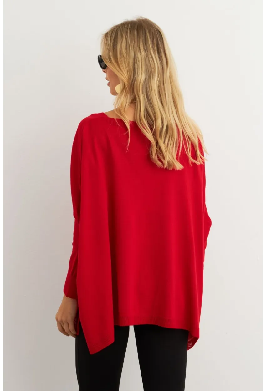 Kadın Kırmızı V Yaka Salaş Bluz YV304