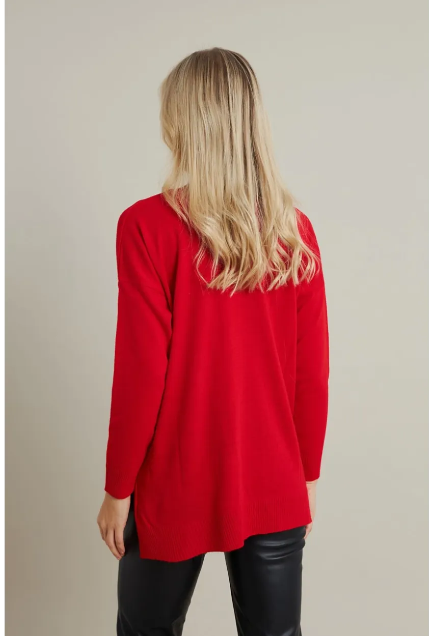 Kadın Kırmızı V Yaka Triko Kazak YİL549