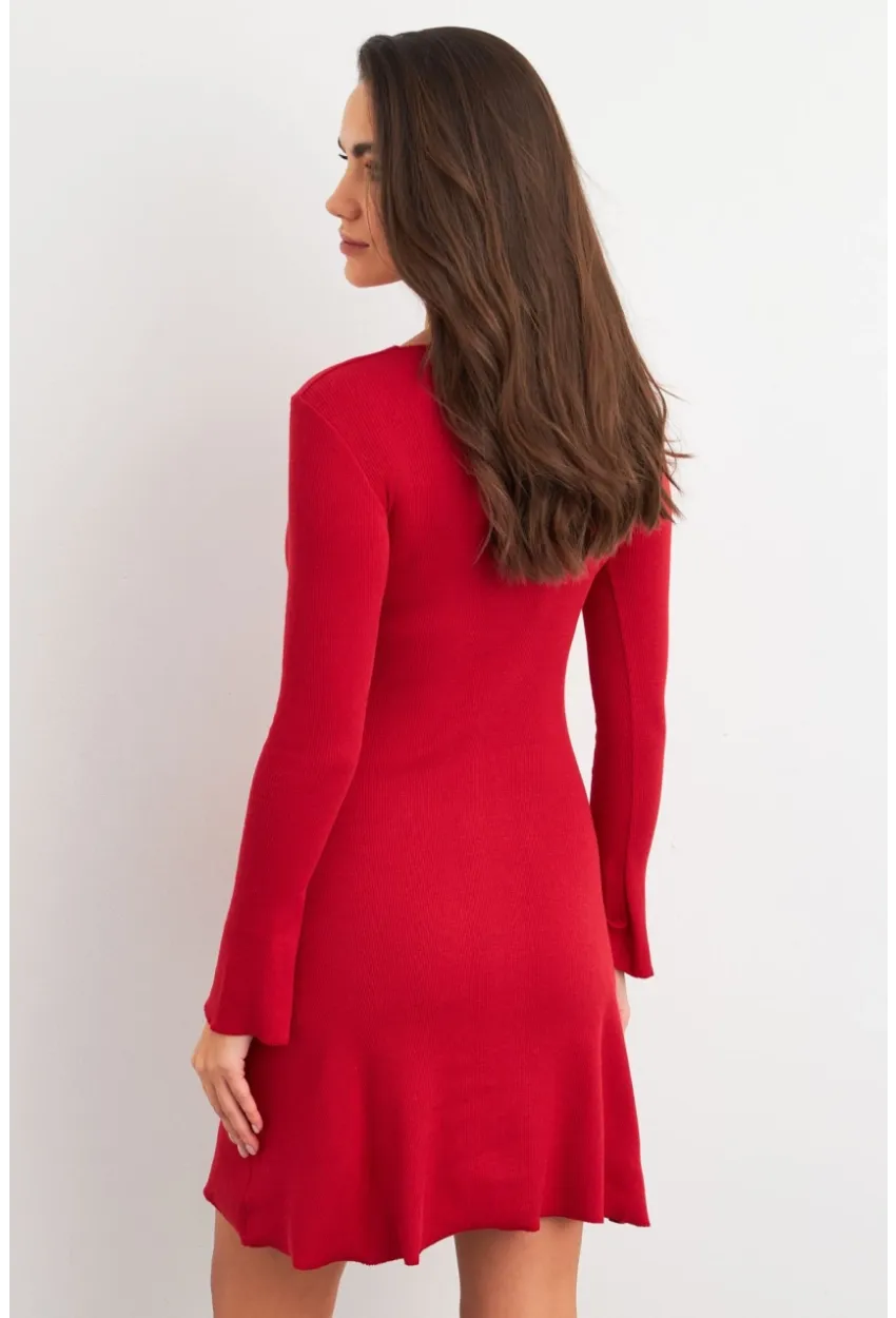Kadın Kırmızı Yakası Aksesuarlı Mini Elbise FRY2267