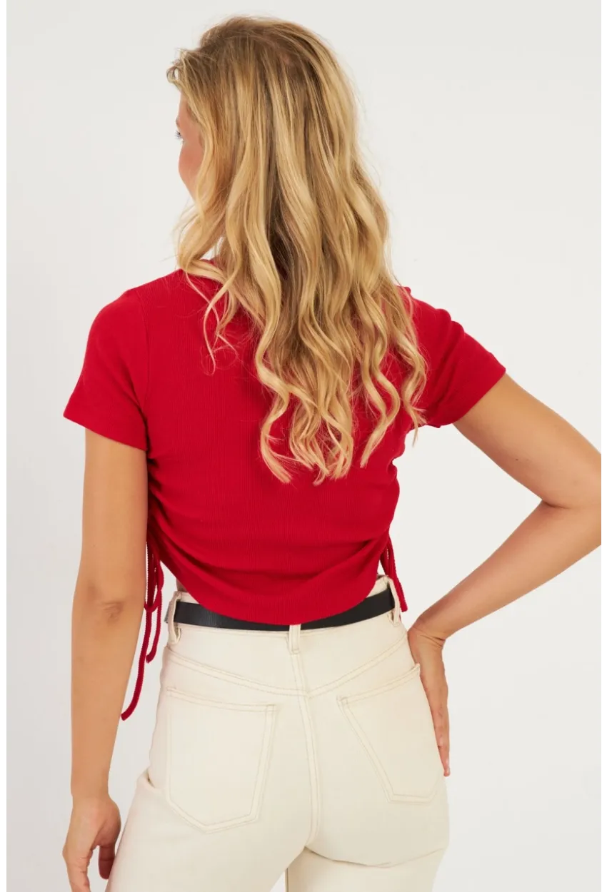 Kadın Kırmızı Yanları Büzgülü Kaşkorse Bluz AYD355