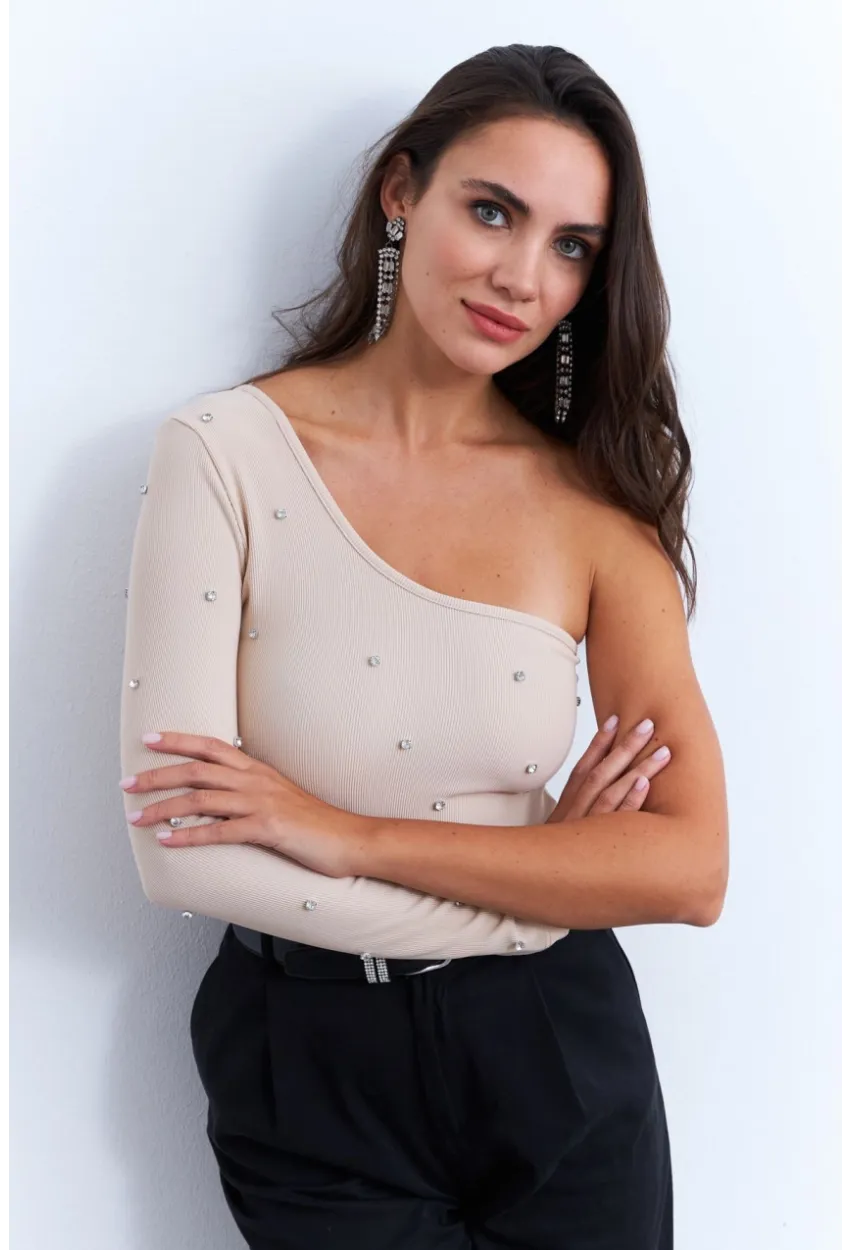 Kadın Krem Taşlı Tek Kol Crop Bluz HOL2