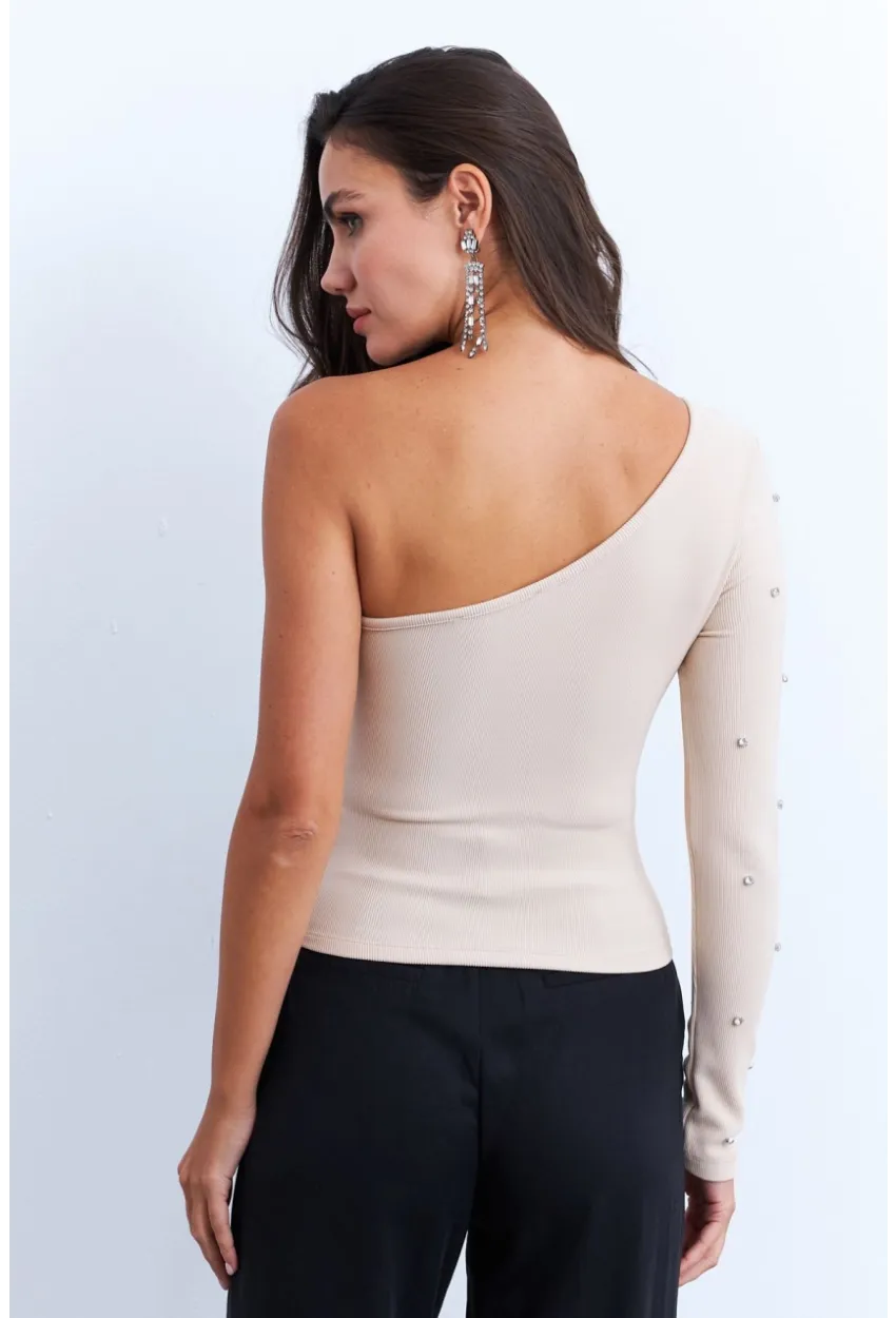 Kadın Krem Taşlı Tek Kol Crop Bluz HOL2