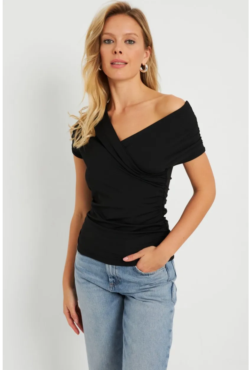 Kadın Kruvaze Büzgülü Bluz Siyah EY2725