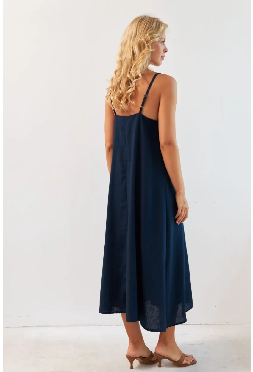 Kadın Lacivert Ayarlanabilir Askılı Midi Keten Elbise DMR355