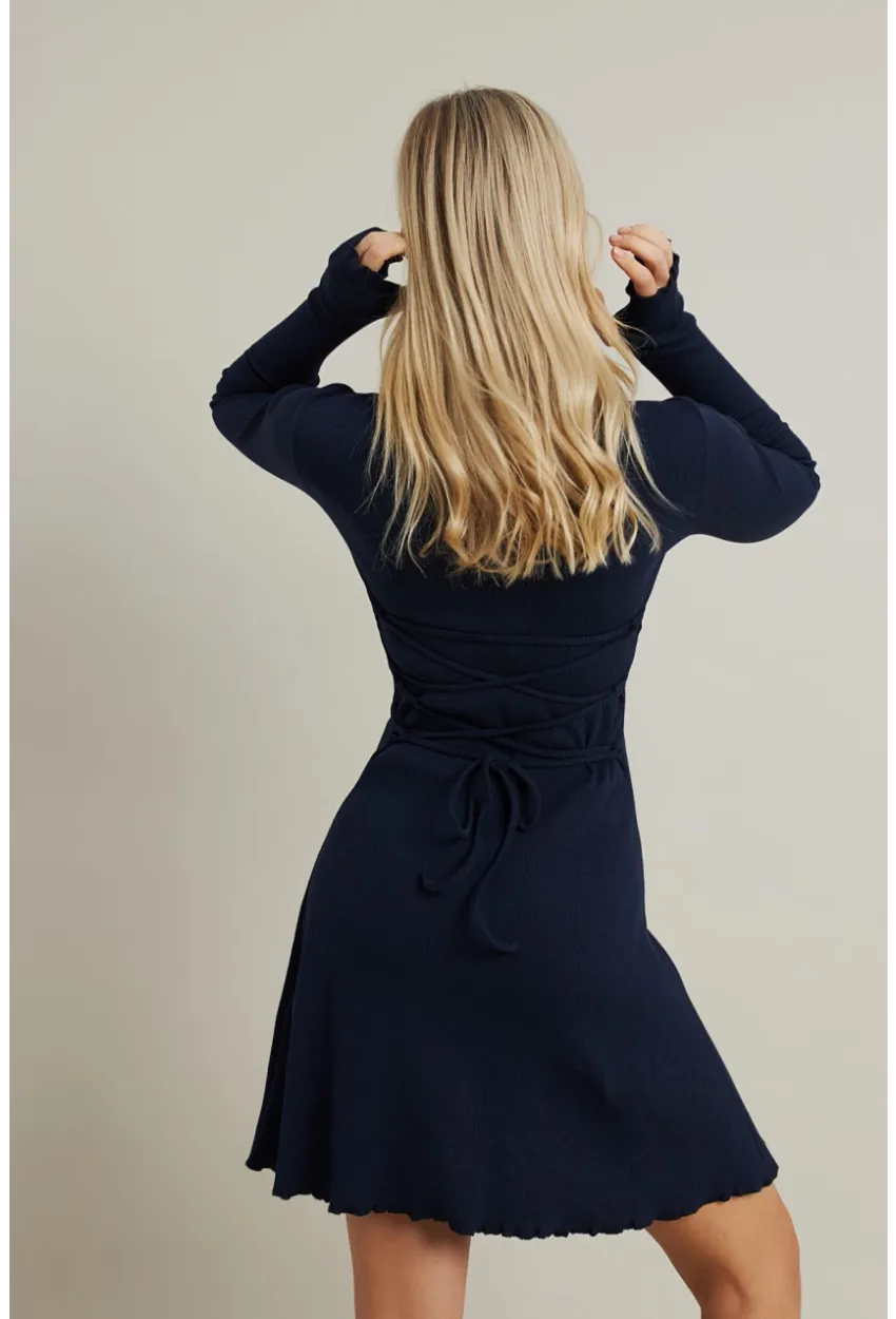 Kadın Lacivert Bağlamalı Kaşkorse Mini Elbise FRY2175
