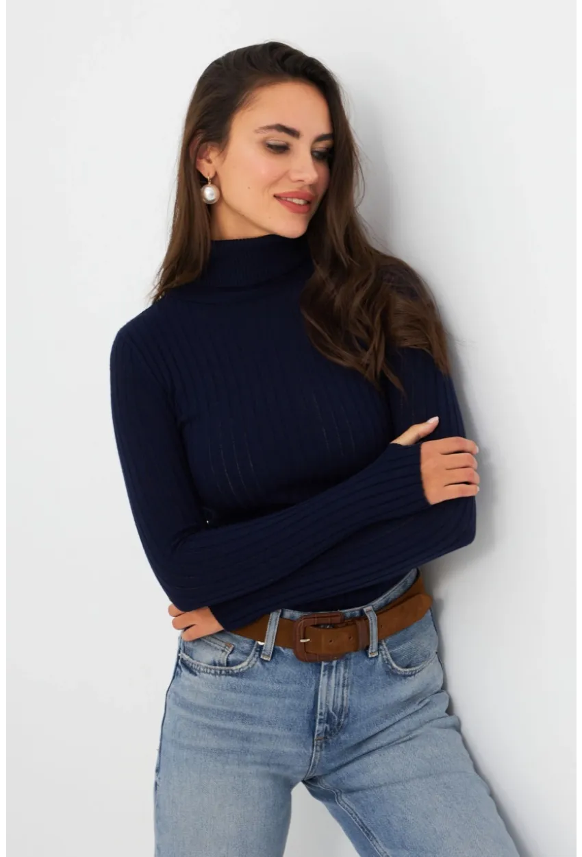 Kadın Lacivert Balıkçı Yaka Triko Bluz YV102-90