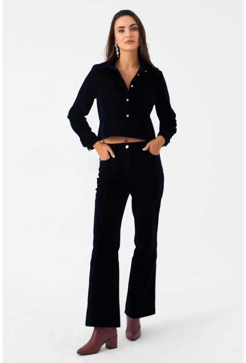 Kadın Lacivert Beli Lastikli Kadife Pantolon CAR1076