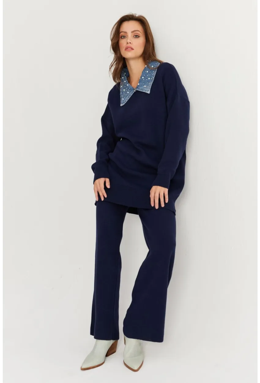 Kadın Lacivert Denim Yakalı İncili Alt Üst Triko Takım MNUV22